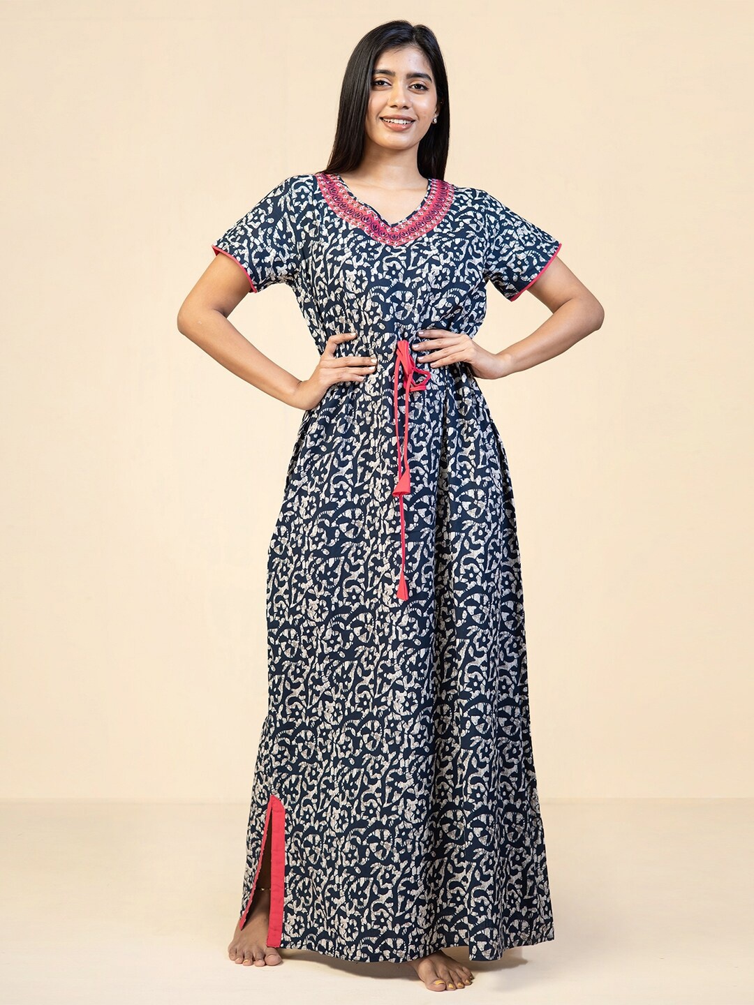 

Maybell Ethnic Motifs Printed Pure Cotton Maxi Nightdress, Blue