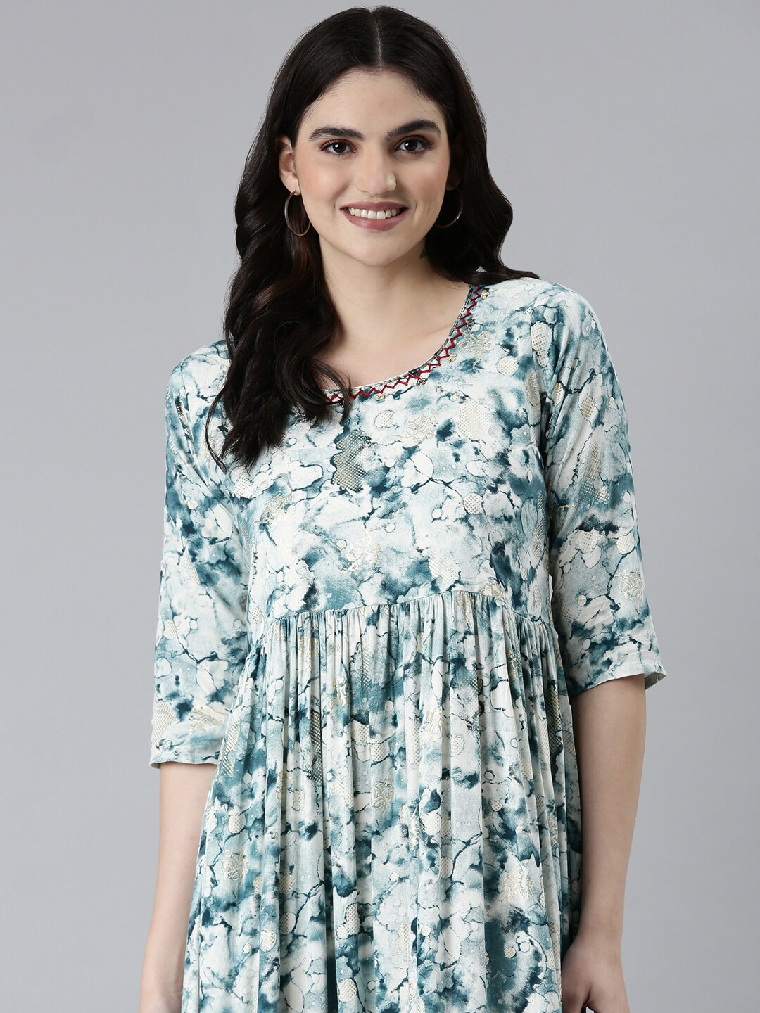 

SHOWOFF Abstract Printed Embroidered & Gathered Cotton Fit & Flare Dress, Teal