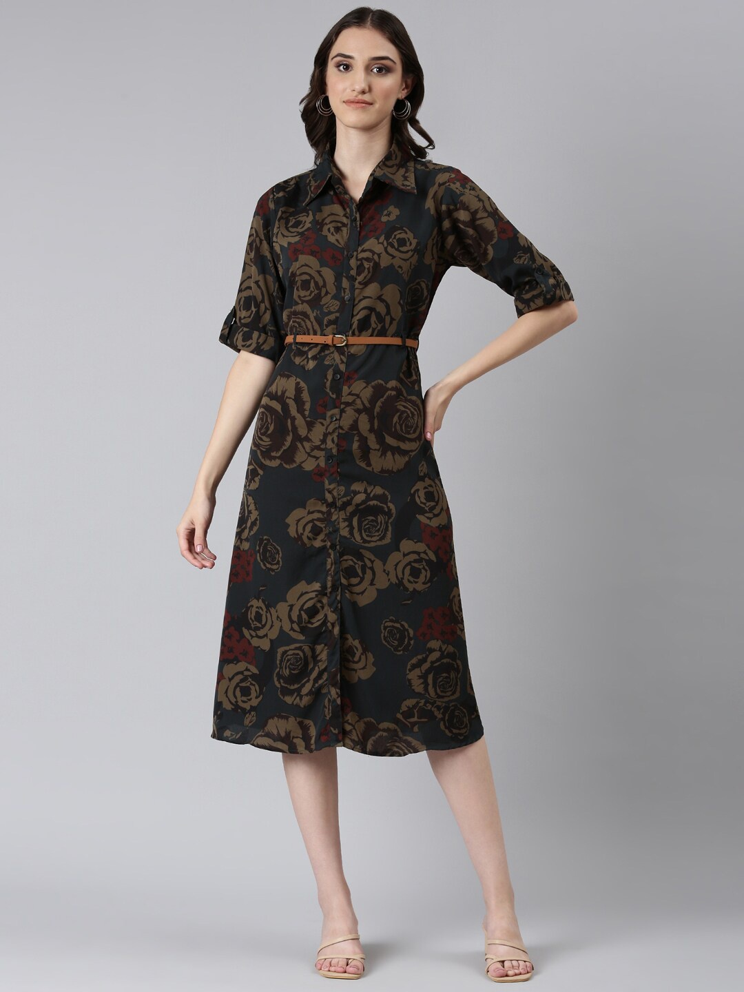 

SHOWOFF Floral Printed Shirt Collar Roll-Up Sleeves Cotton Shirt Style Dress, Navy blue