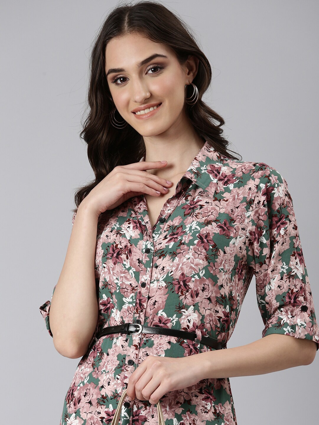 

SHOWOFF Floral Printed Shirt Collar Roll-Up Sleeves Cotton Shirt Dress With Belt, Green