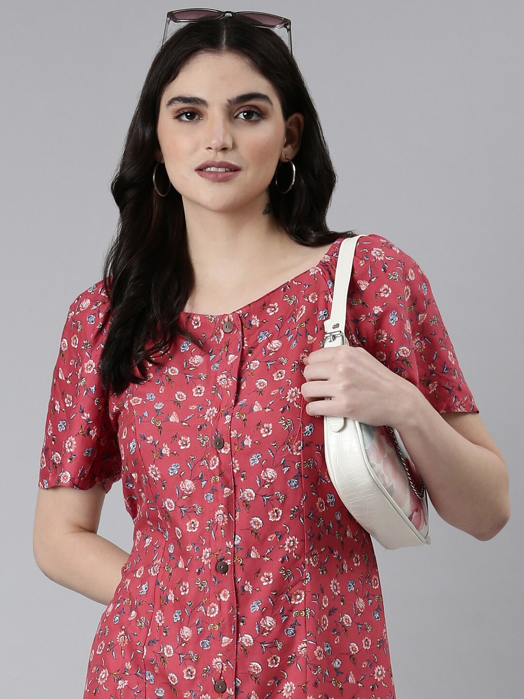 

SHOWOFF Floral Printed Square Neck Puff Sleeve Cotton Shirt Dress, Pink