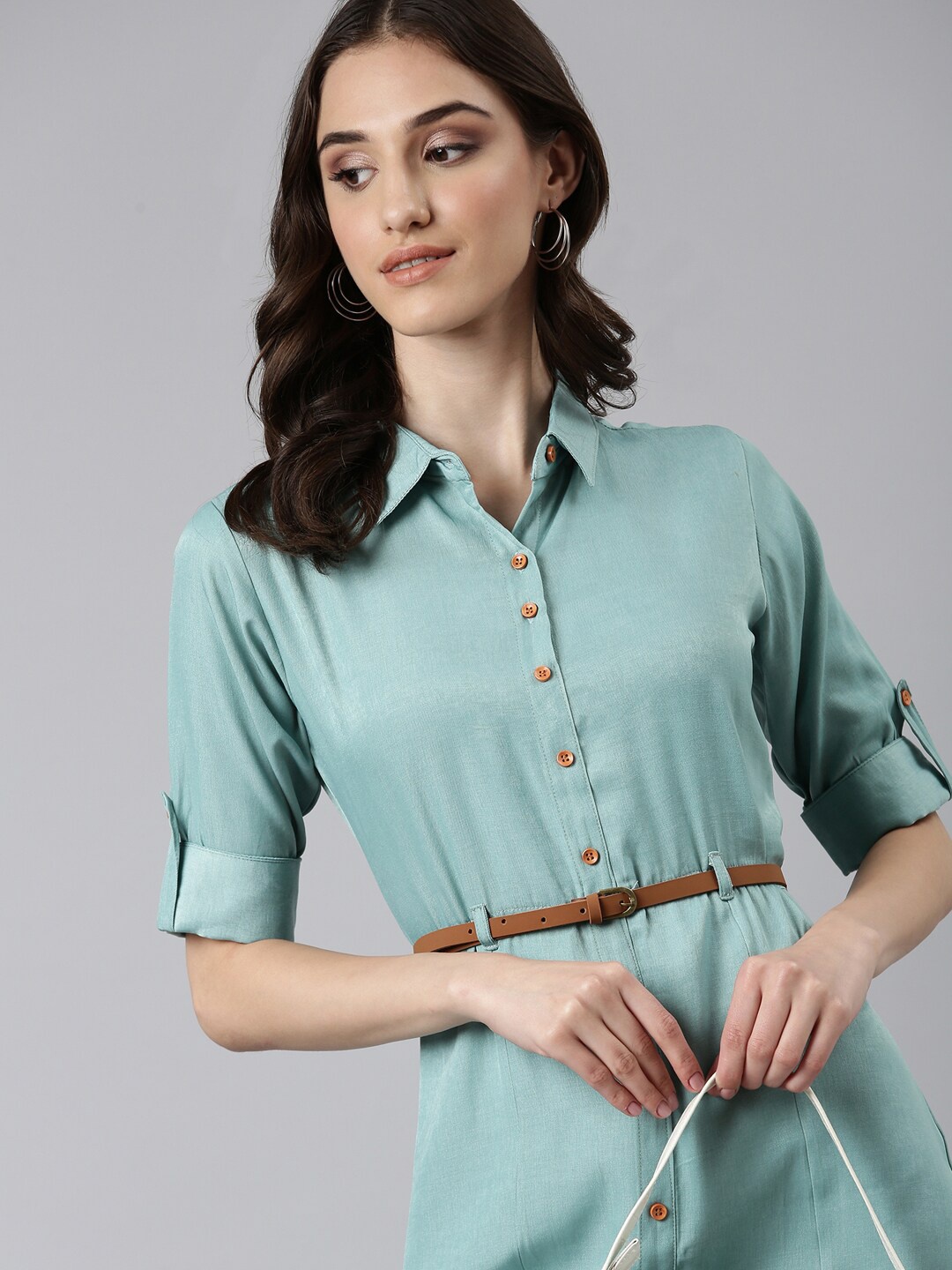 

SHOWOFF Shirt Collar Roll-Up Sleeves Belted Shirt Dress, Sea green