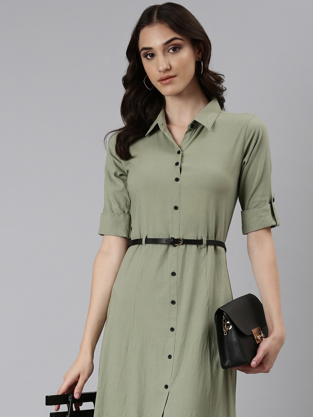 

SHOWOFF Shirt Collar Roll-Up Sleeves Belted Shirt Dress, Green