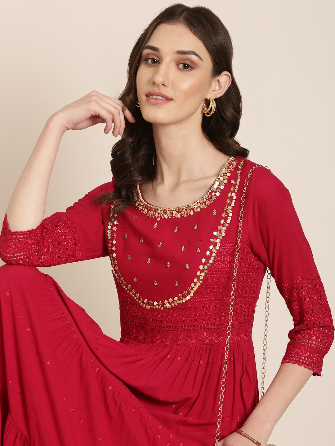 

SHOWOFF Self Design Embellished & Embroidered Cotton Tiered Fit & Flare Ethnic Dress, Maroon