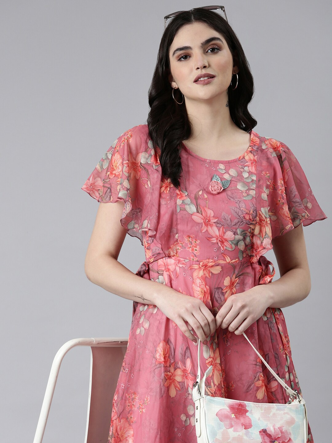 

SHOWOFF Floral Printed Flared Sleeve Tie-Up Fit & Flare Midi Dress, Pink