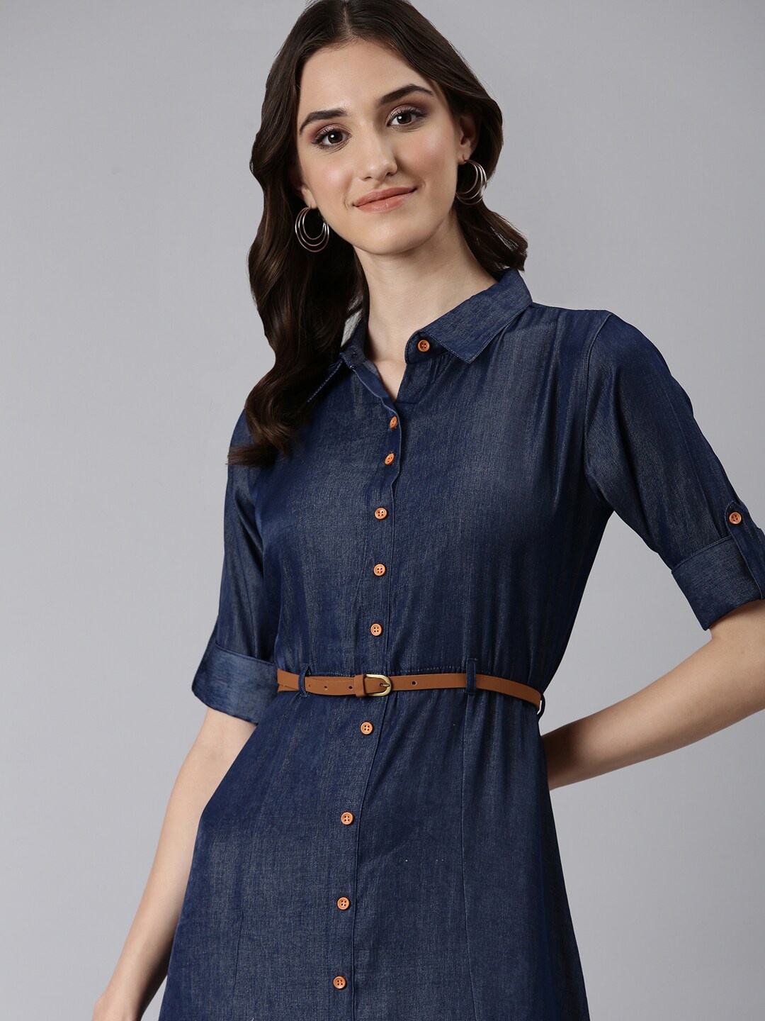 

SHOWOFF Shirt Collar Roll-Up Sleeves Indigo Shirt Dress With Belt, Navy blue