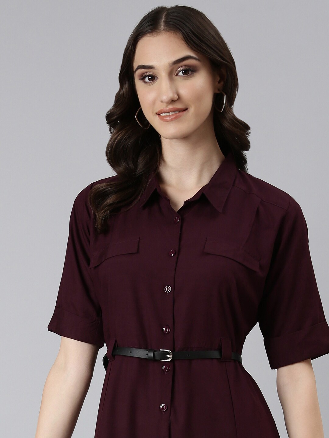 

SHOWOFF Shirt Collar Cotton Shirt Dress With Belt, Burgundy