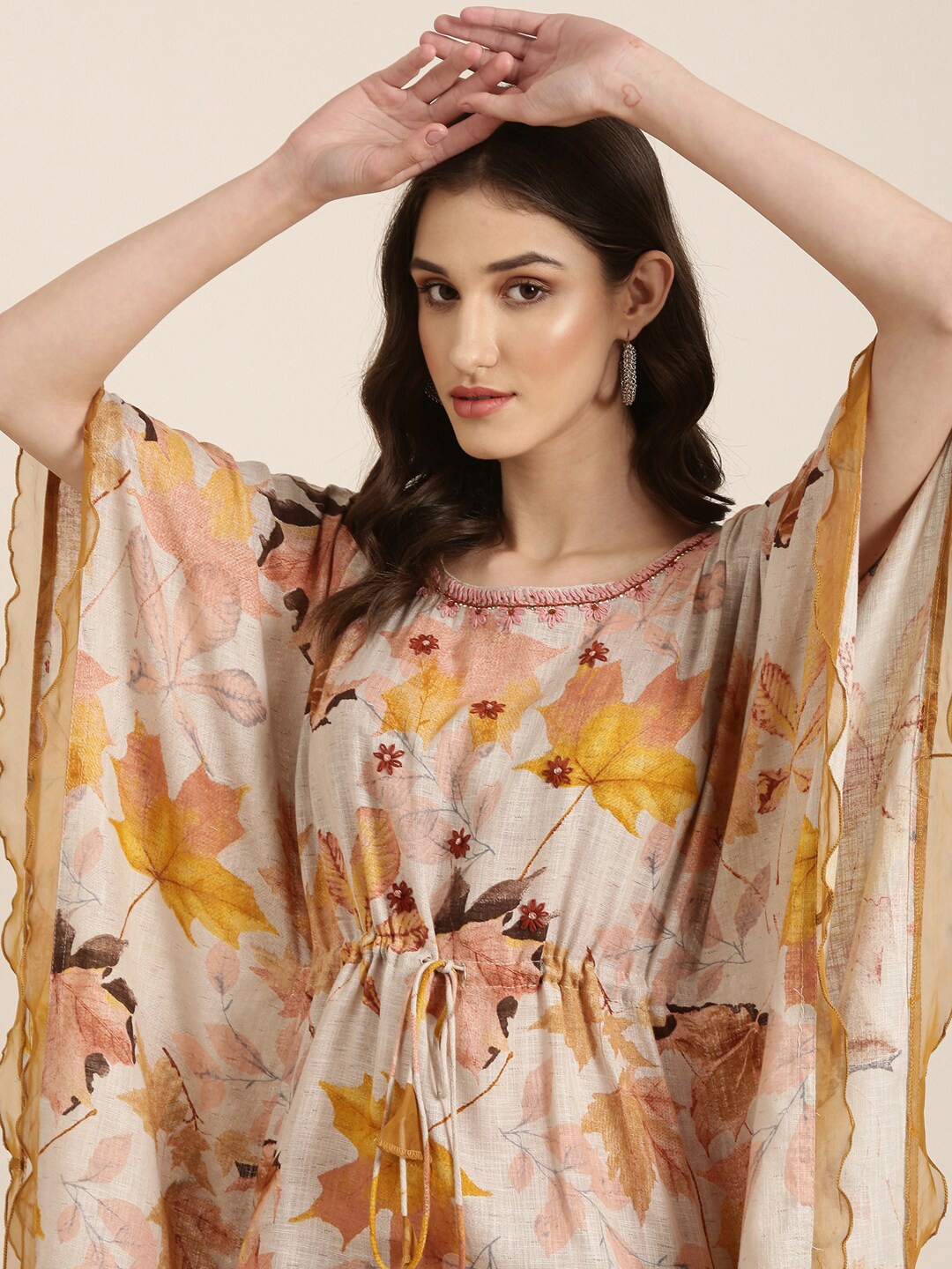 

SHOWOFF Floral Printed Round Neck Kaftan Dress, Beige