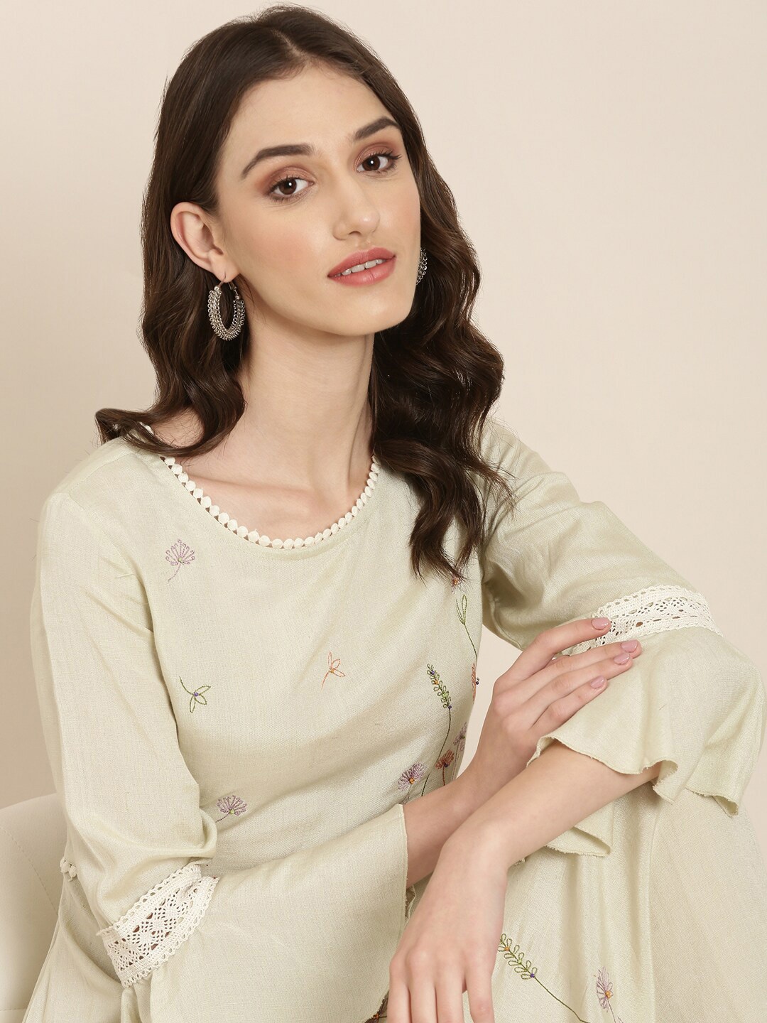 

SHOWOFF Floral Embroidered Bell Sleeve Lace Inserts Cotton A-Line Dress, Green