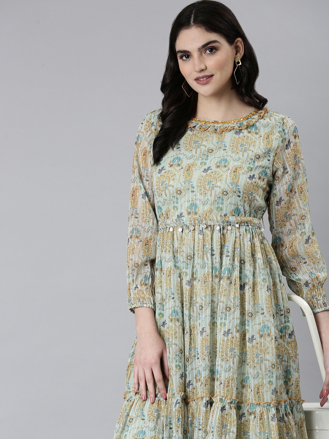 

SHOWOFF Ethnic Motifs Printed Fit & Flare Midi Dress, Sea green