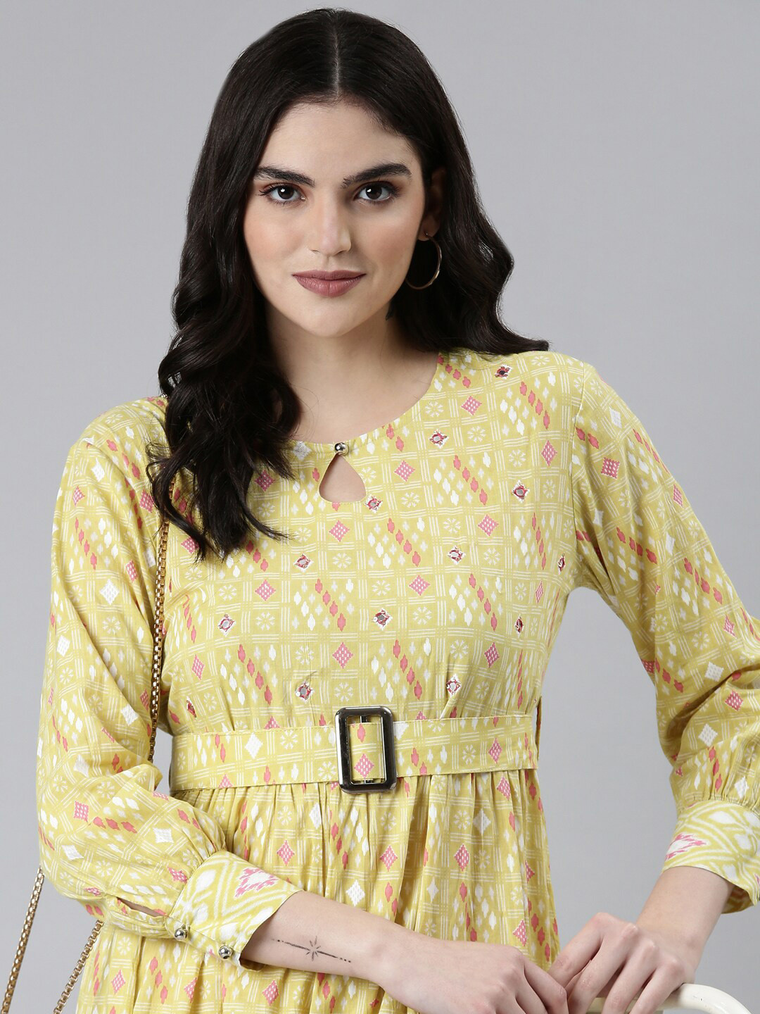 

SHOWOFF Ethnic Motifs Printed Keyhole Neck Tiered Cotton Fit & Flare Dress With Belt, Yellow