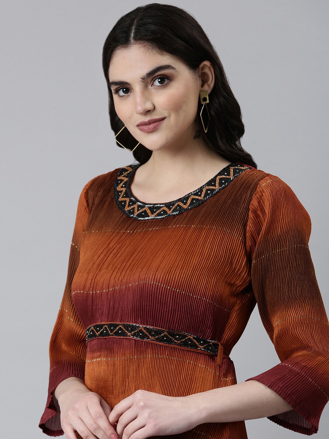 

SHOWOFF Colourblocked Embellished Accordion Pleated Georgette Fit & Flare Dress With Belt, Camel brown