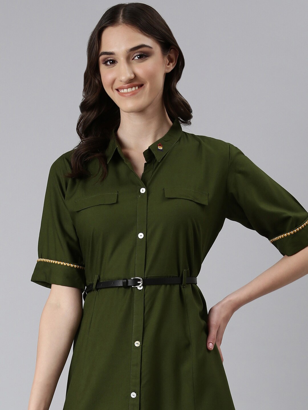 

SHOWOFF Shirt Collar Short Sleeves Belted Shirt Dress, Olive