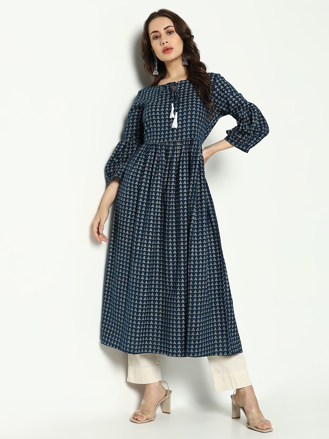

SHOWOFF Ethnic Motifs Printed Tie-Up Neck Bell Sleeves A-Line Midi Dress, Teal