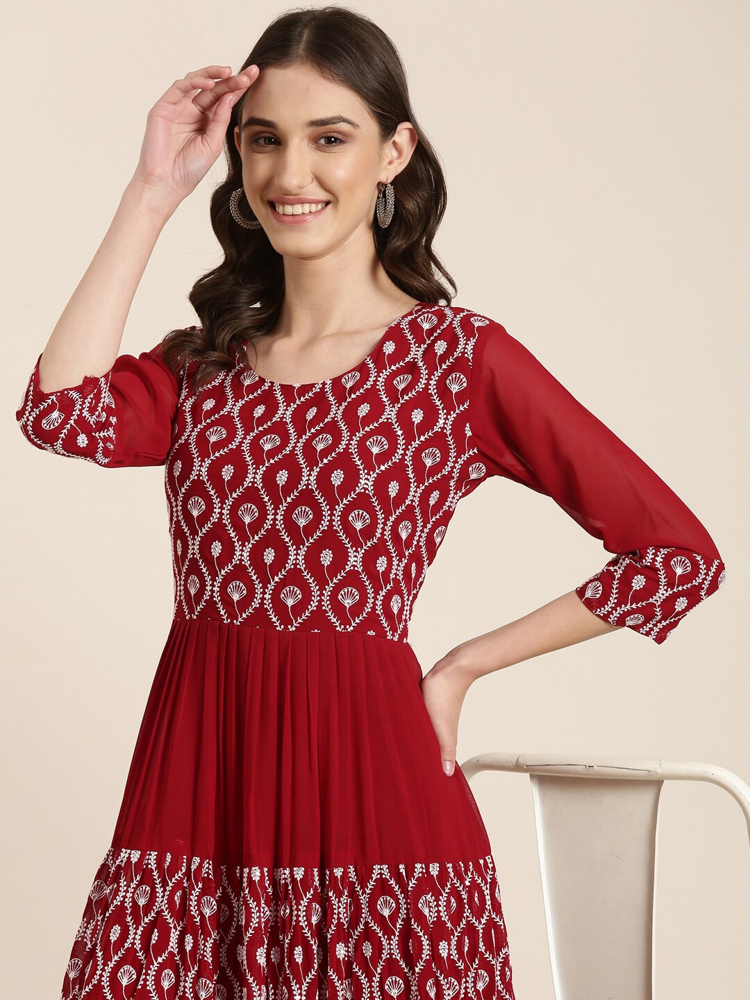 

SHOWOFF Floral Embroidered Round Neck Tiered Fit & Flare Midi Dress, Maroon