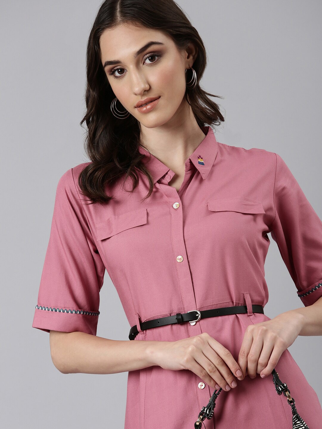 

SHOWOFF Shirt Collar Short Sleeves Belted Shirt Dress, Pink