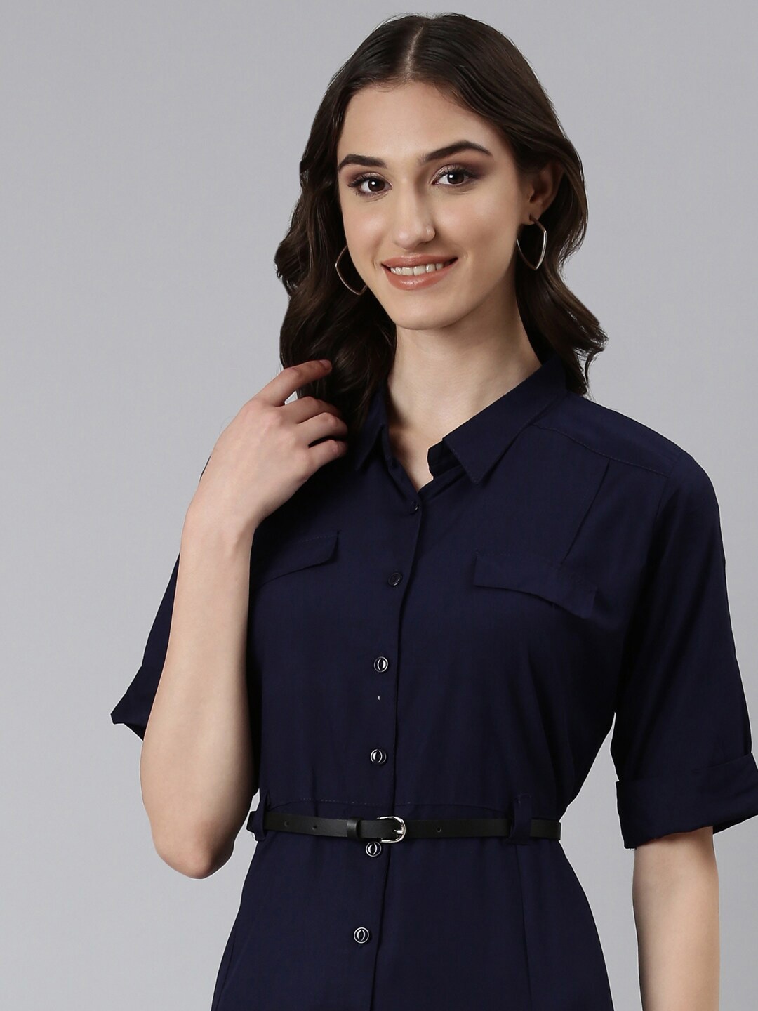 

SHOWOFF Shirt Collar Roll-Up Sleeves Cotton Shirt Style Dress, Navy blue