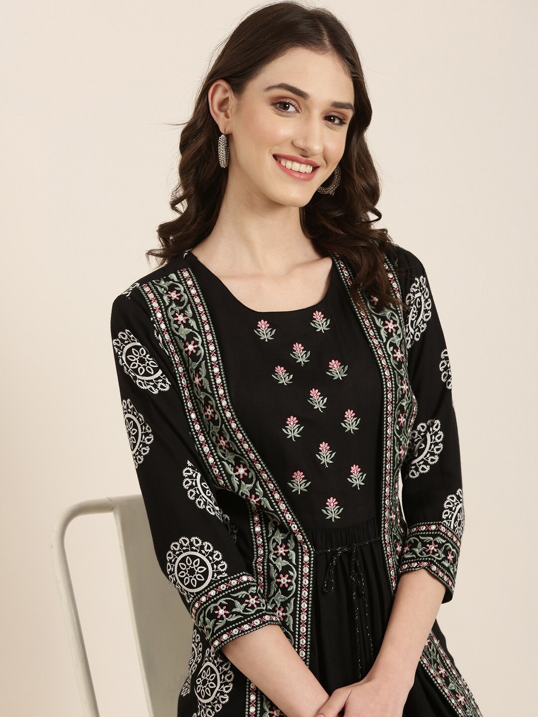 

SHOWOFF Ethnic Motifs Embroidered Round Neck A-Line Ethnic Dress With Shrug, Black
