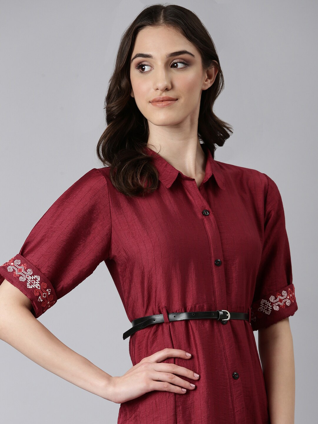 

SHOWOFF Striped Shirt Collar Roll-Up Sleeves Embroidered Cotton Shirt Style Dress, Magenta
