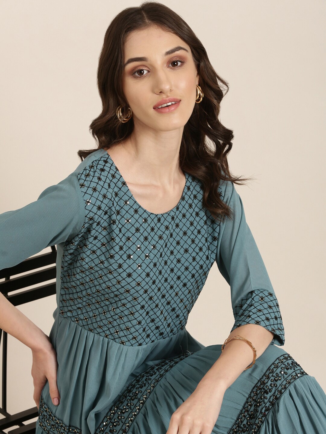 

SHOWOFF Embellished Round Neck Sequinned Tiered Fit & Flare Ethnic Dress, Teal
