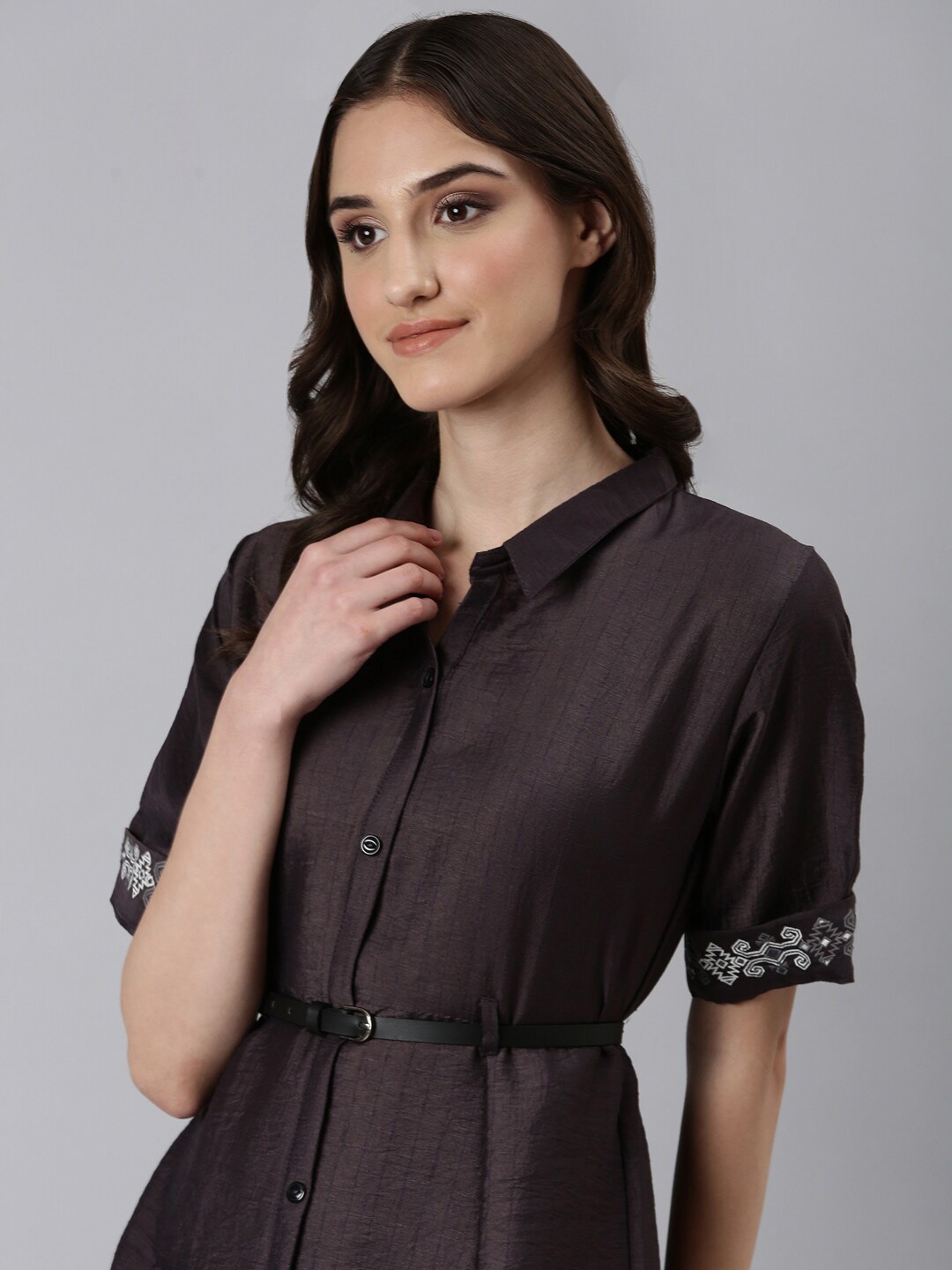 

SHOWOFF Embroidered Shirt Collar Belted Shirt Dress, Purple