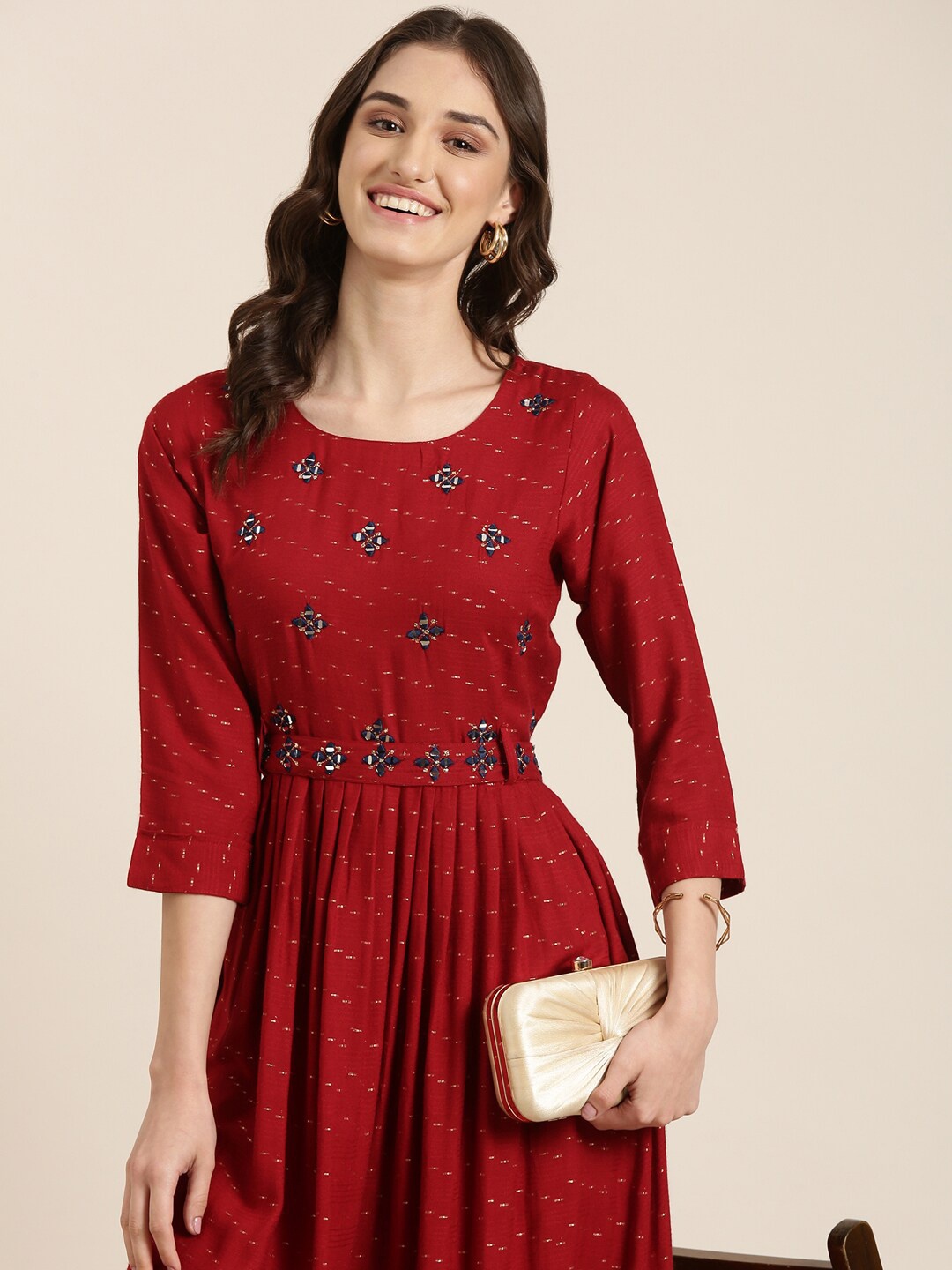 

SHOWOFF Floral Embroidered Cotton Fit & Flare Midi Dress, Maroon