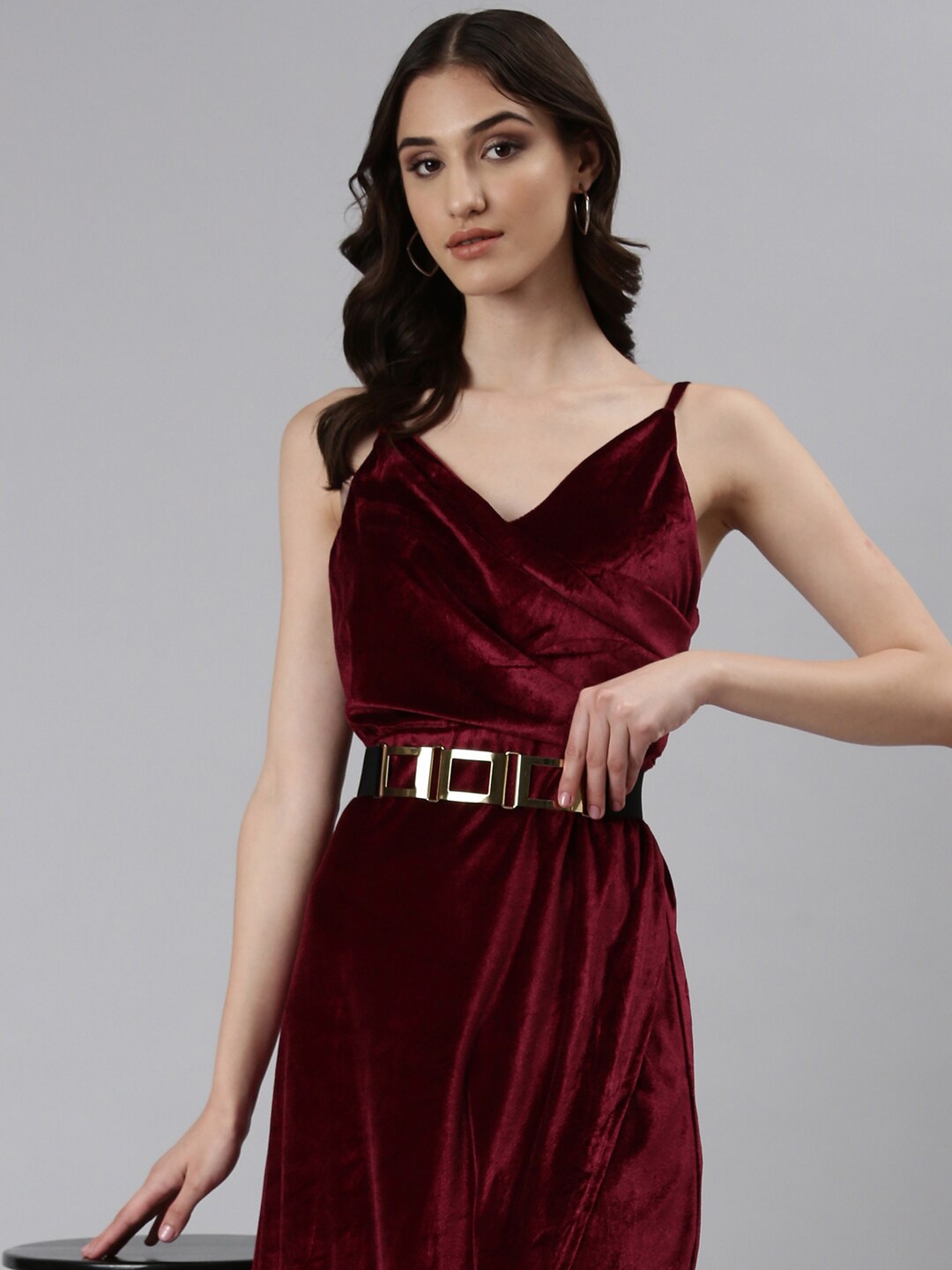 

SHOWOFF Shoulder Straps Slit Velvet Sheath Midi Dress, Burgundy