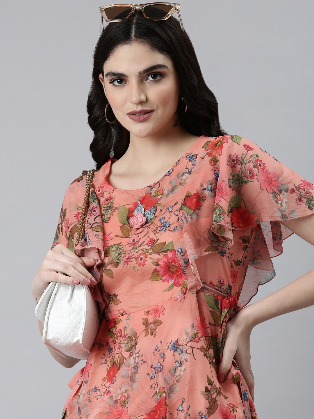 

SHOWOFF Floral Printed Flared Sleeve Fit & Flare Midi Dress, Orange