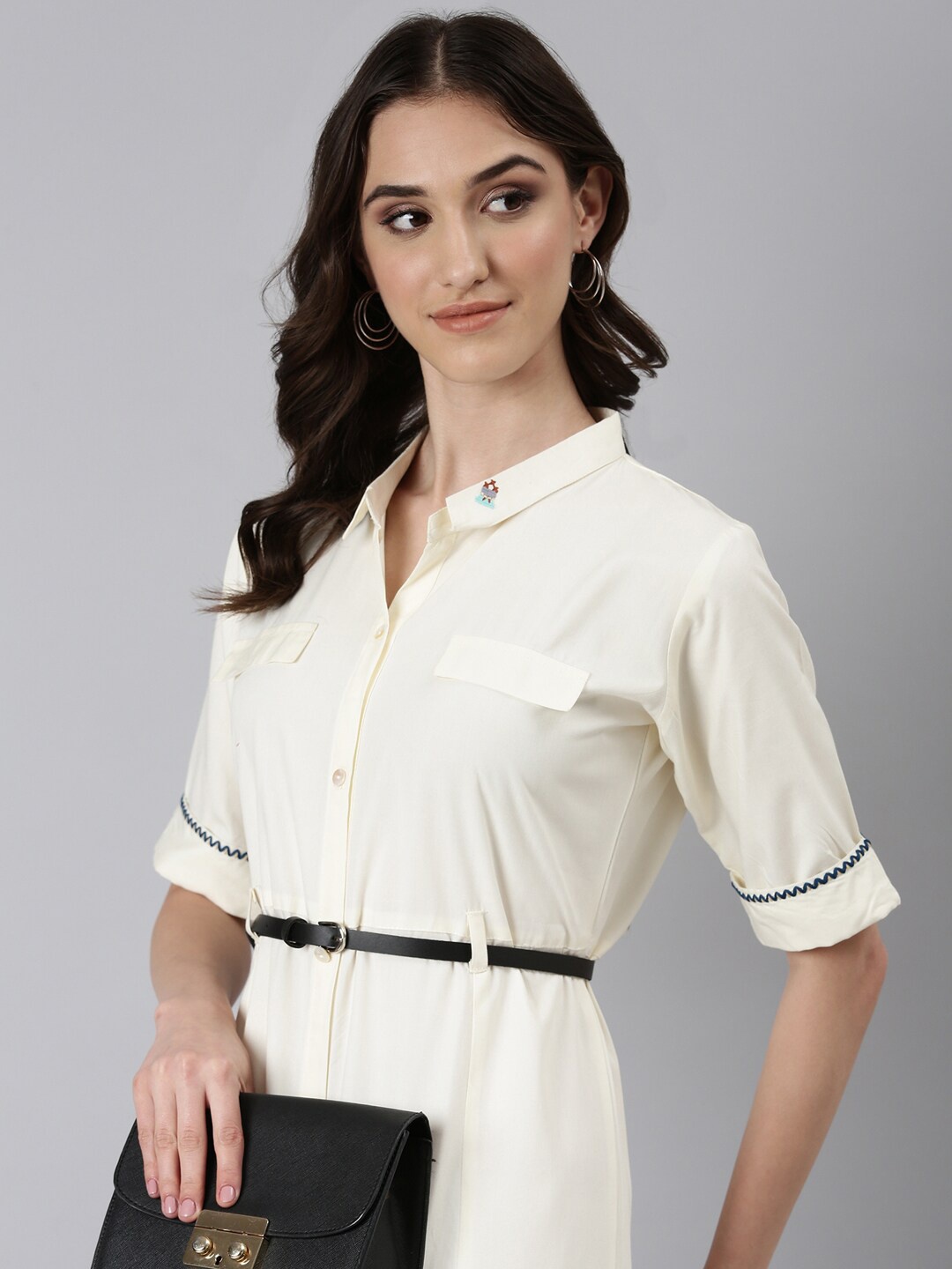 

SHOWOFF Shirt Collar Belted Shirt Dress, Cream