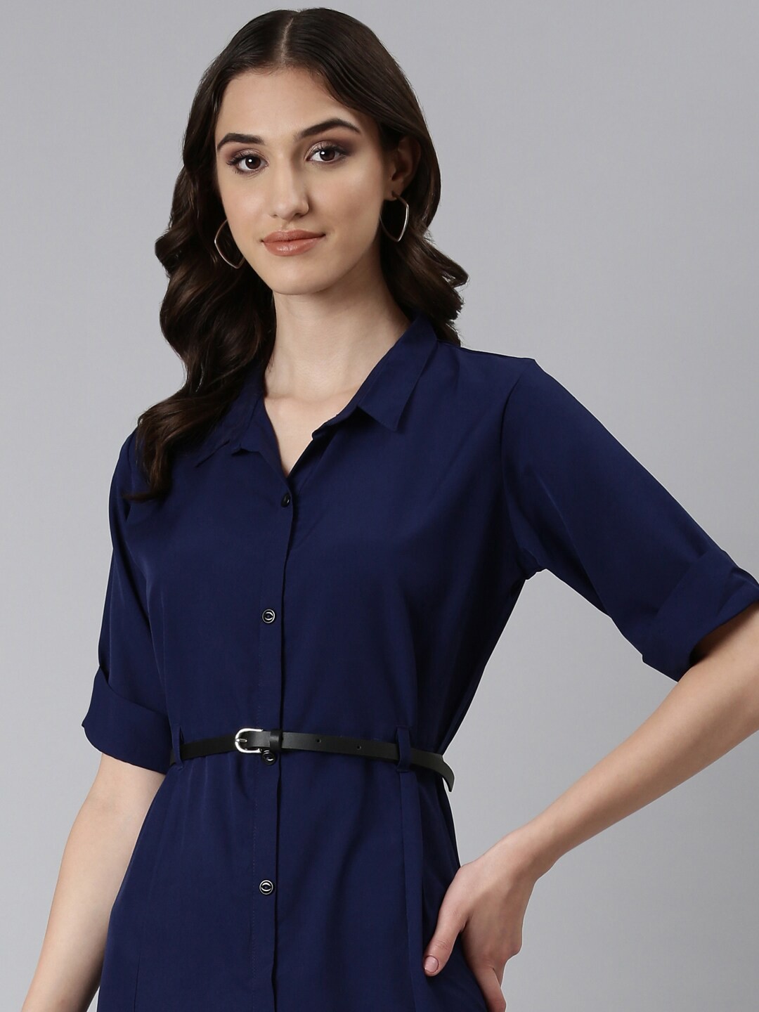 

SHOWOFF Shirt Collar Indigo Cotton Shirt Dress With Belt, Navy blue