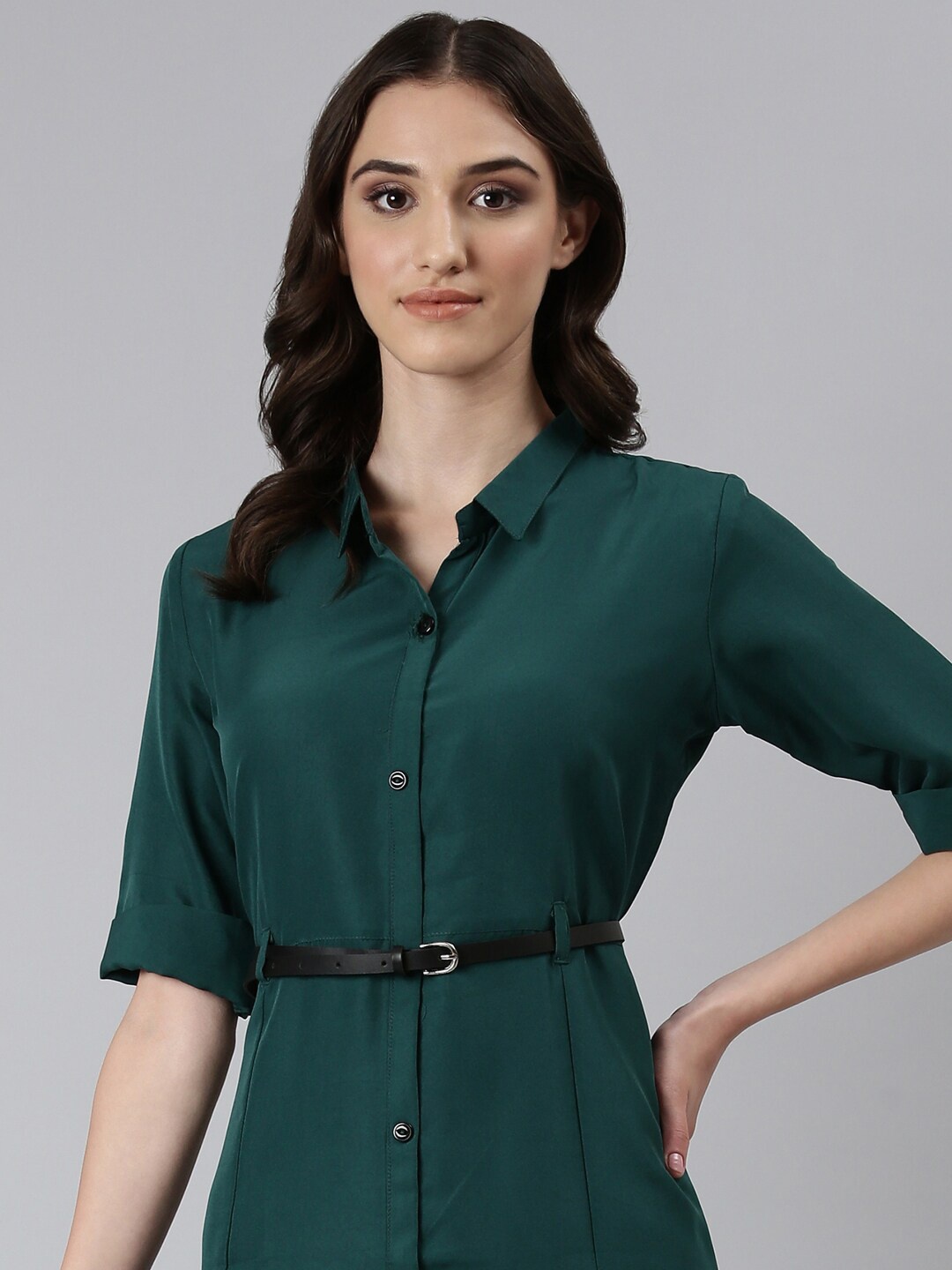 

SHOWOFF Shirt Collar Roll-Up Sleeves Cotton Shirt Style Dress, Green