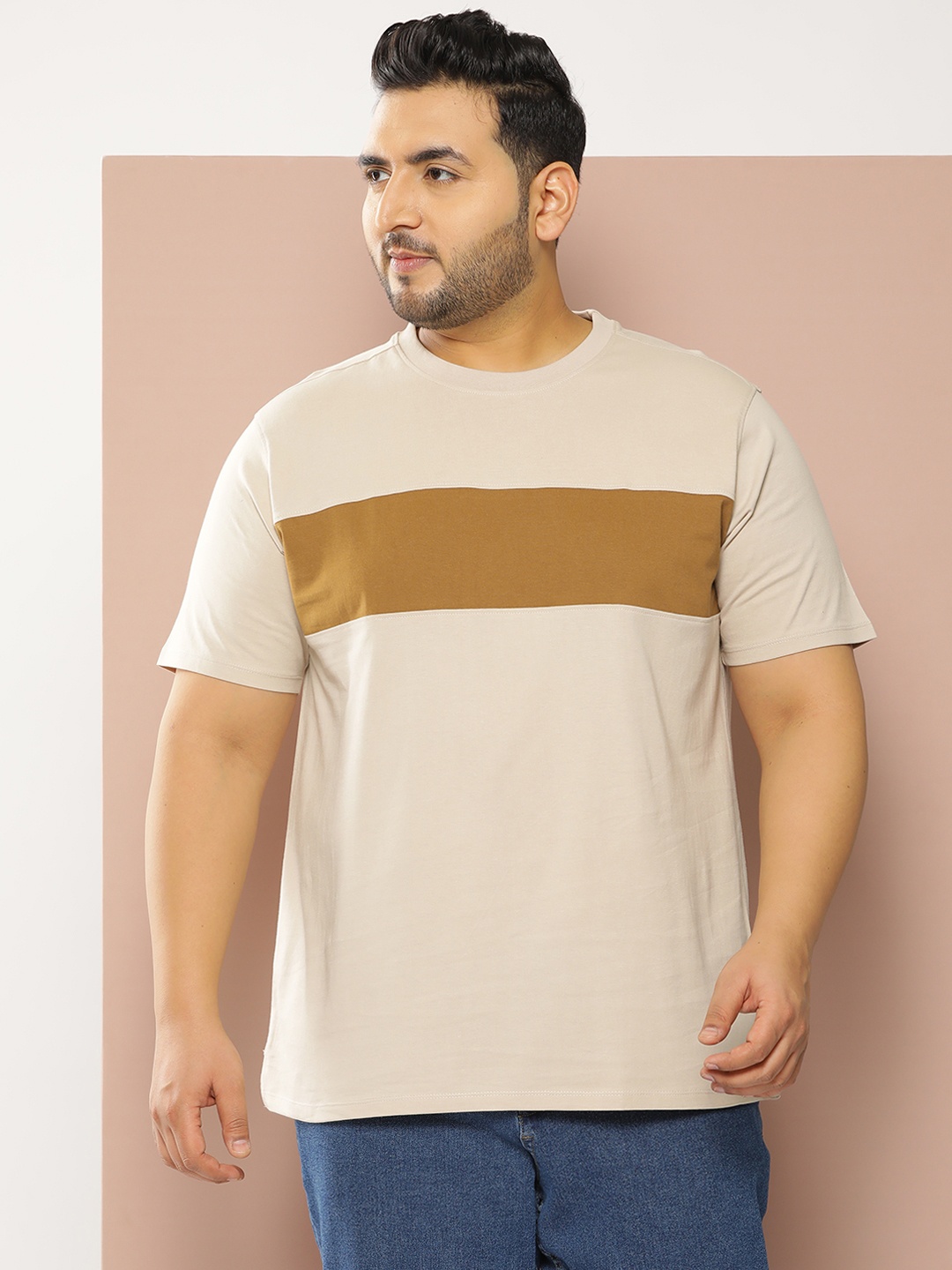

Sztori Men Plus Size Colourblocked Regular Fit T-shirt, Beige