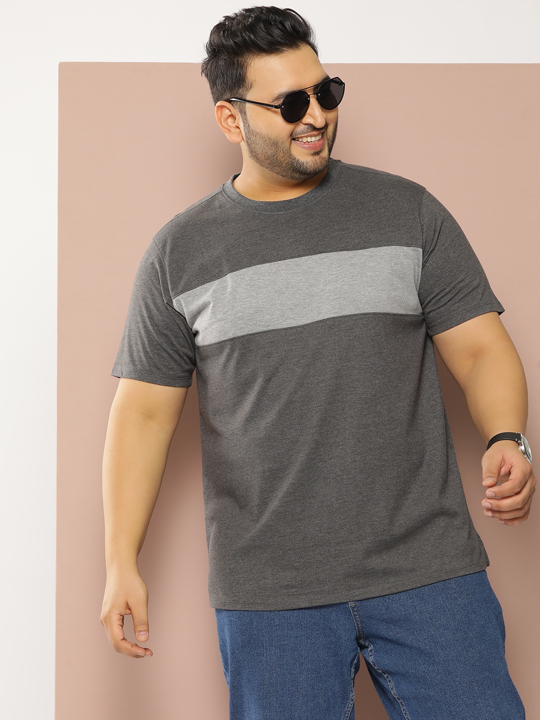 

Sztori Men Plus Size Colourblocked Regular Fit T-shirt, Grey melange