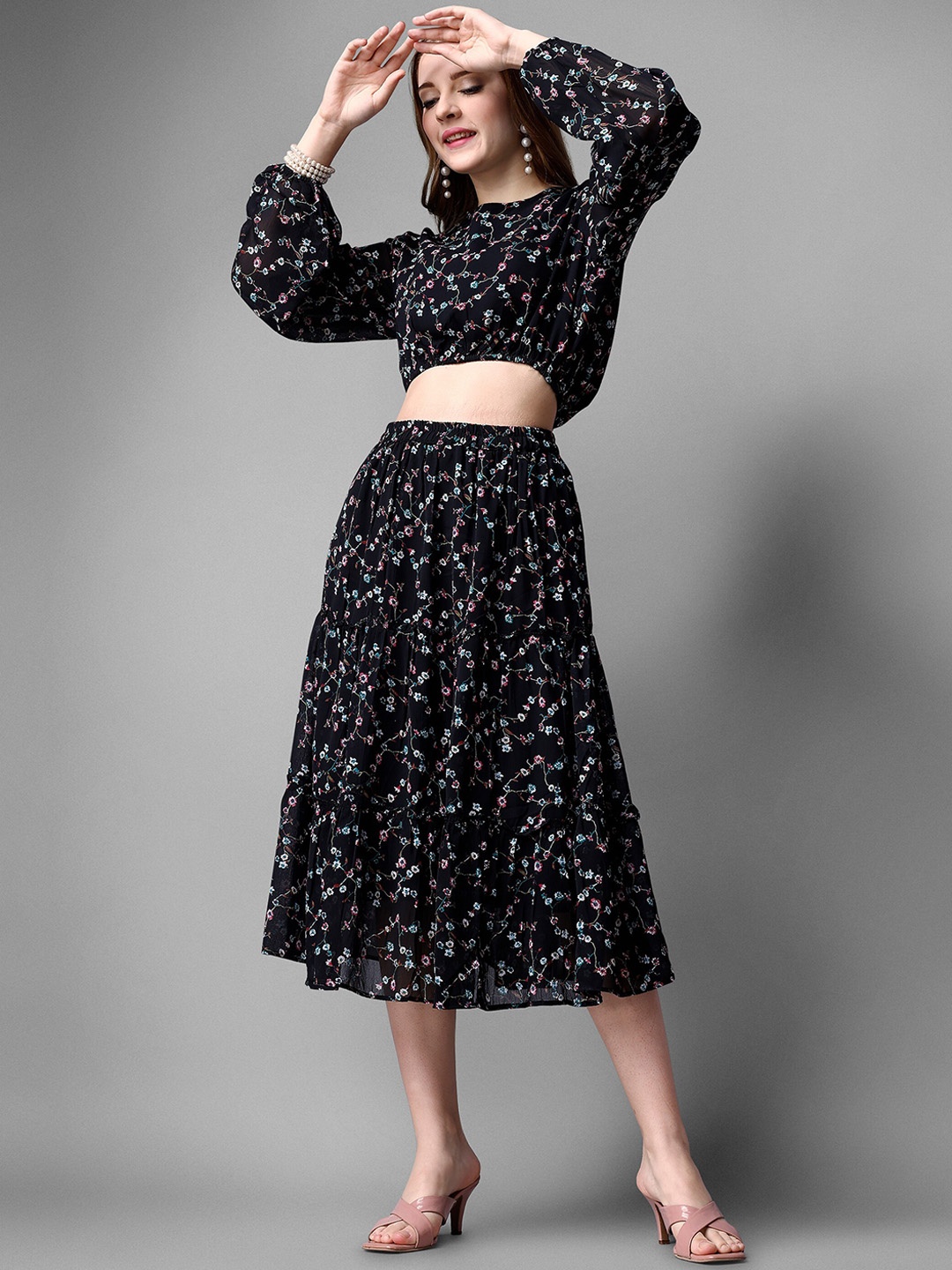 

ASPORA Floral Printed Chiffon Crop Top & Skirt, Black