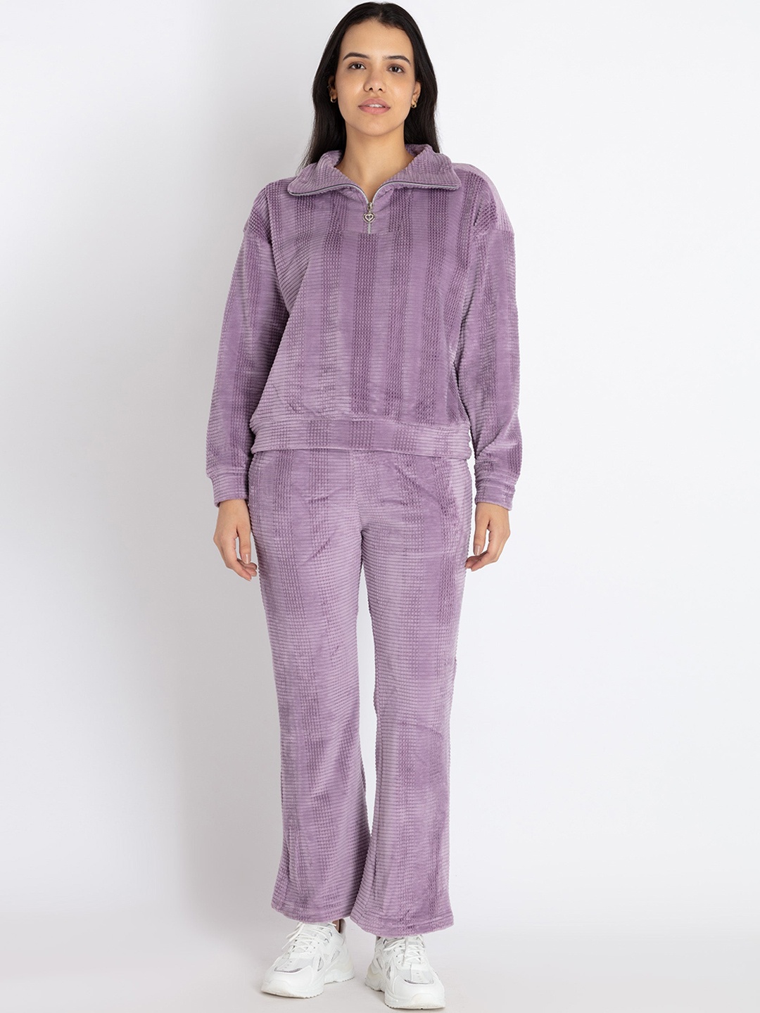 

Status Quo Women Textured Polo Collar Tracksuit, Lavender