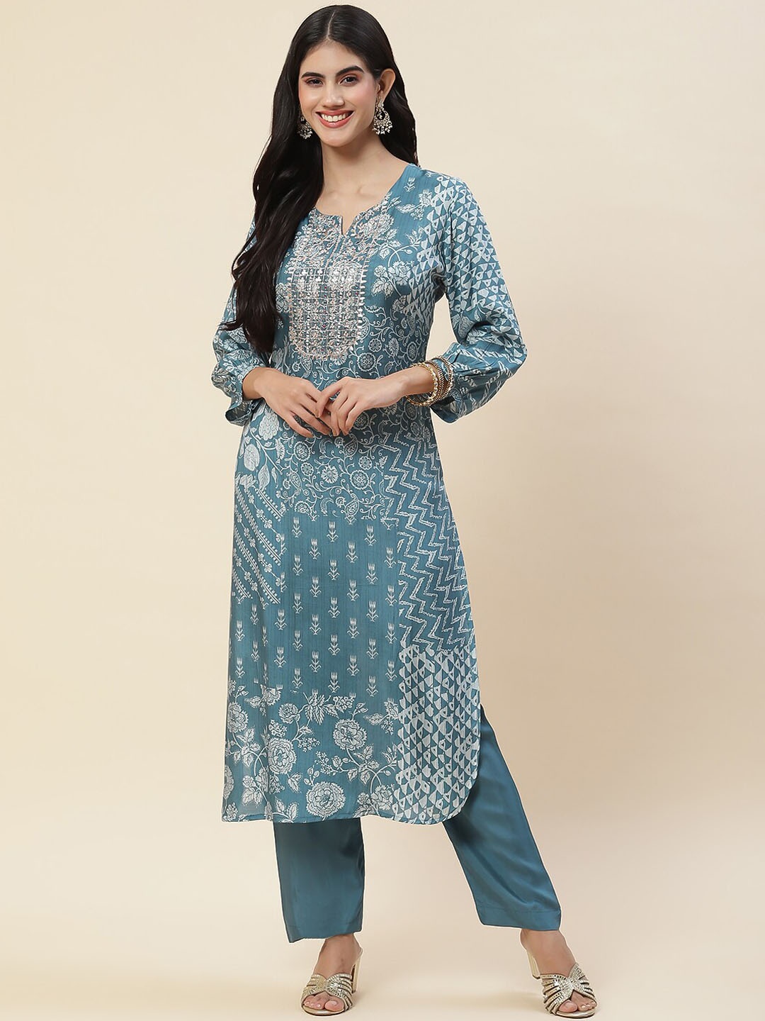 

Meena Bazaar Ethnic Motifs Printed Gotta Patti Sequined Kurta with Trousers, Blue