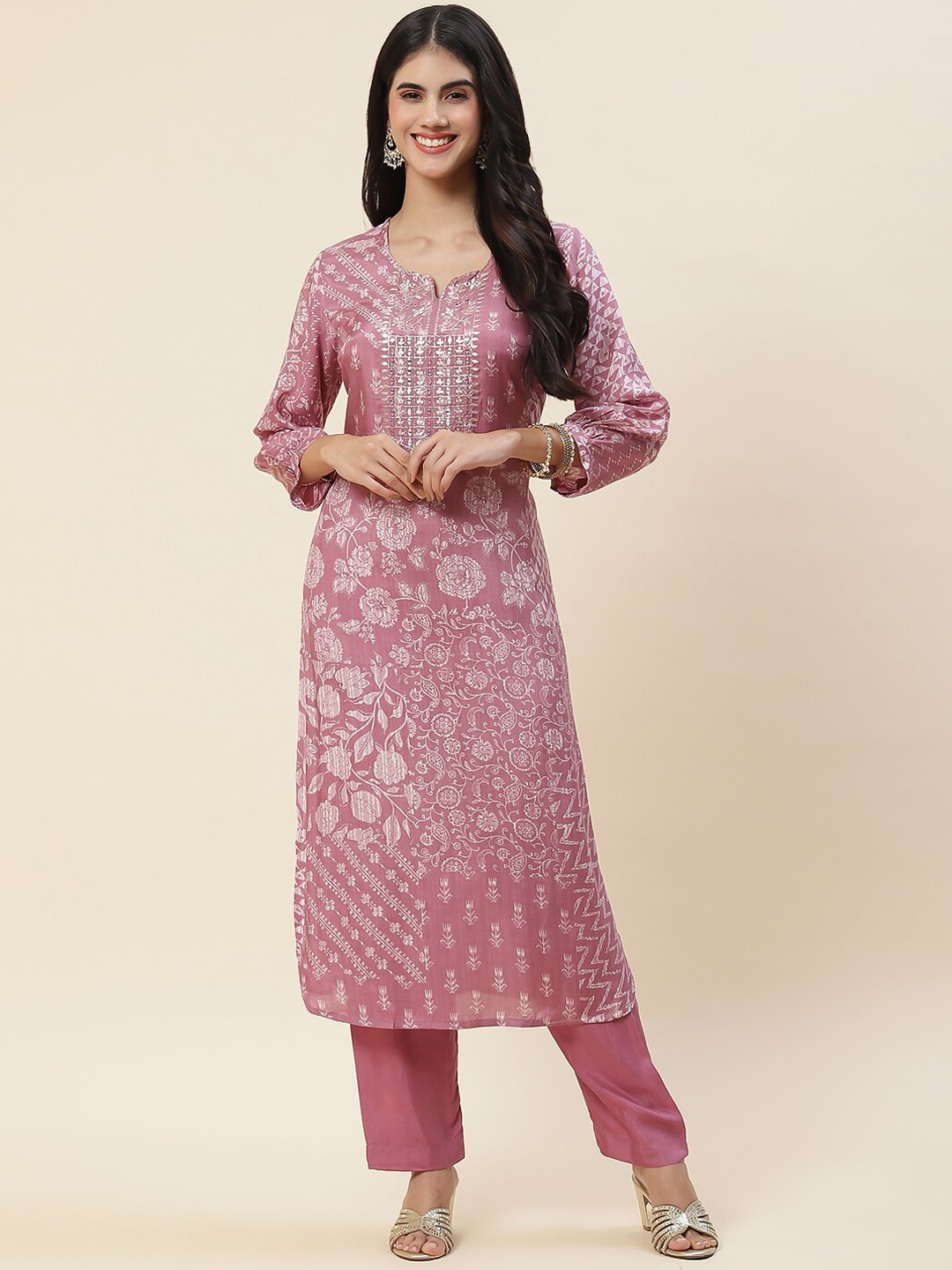 

Meena Bazaar Floral Printed Gotta Patti Mirror Work Kurta with Trousers, Pink