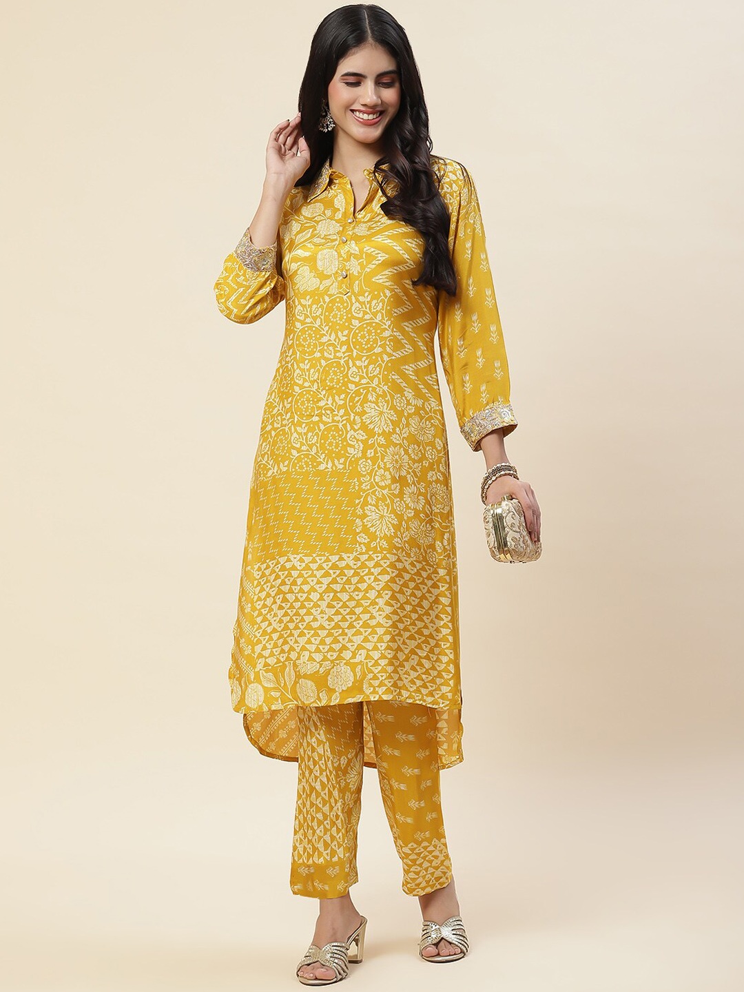 

Meena Bazaar Ethnic Motifs Printed Shirt Collar Sequined High Low Kurta with Trousers, Mustard