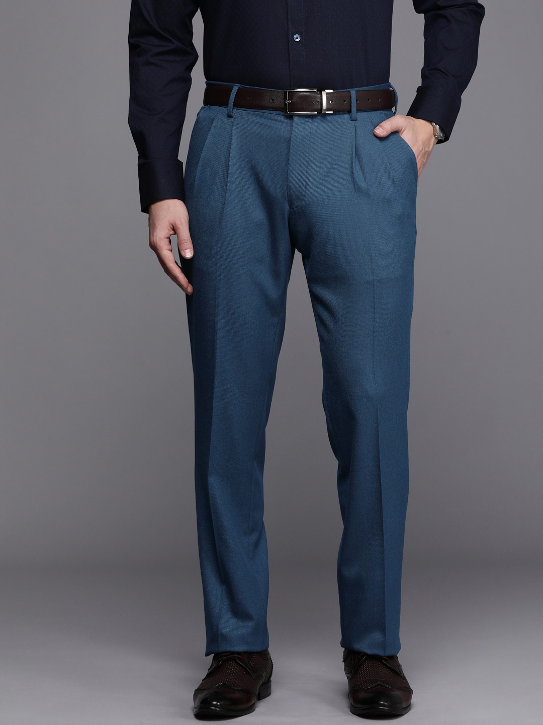 

Louis Philippe Men Solid Pleated Formal Trousers, Blue