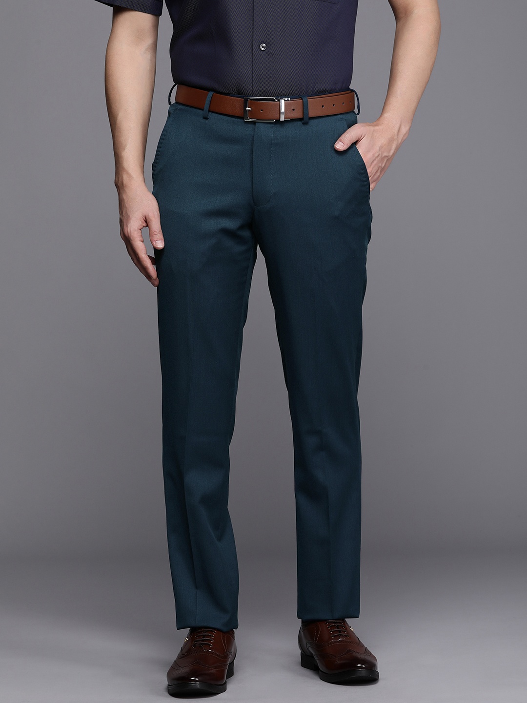 

Louis Philippe Men Solid Formal Trousers, Navy blue