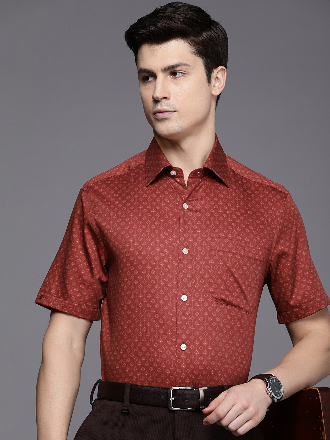 

Louis Philippe Men Classic Opaque Printed Cotton Formal Shirt, Rust