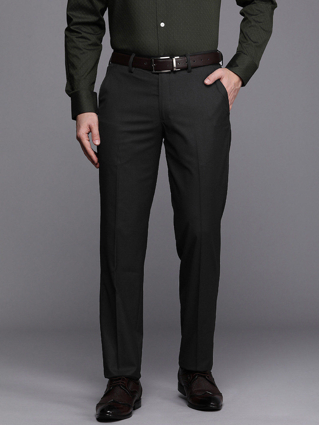 

Louis Philippe Men Striped Formal Trousers, Black