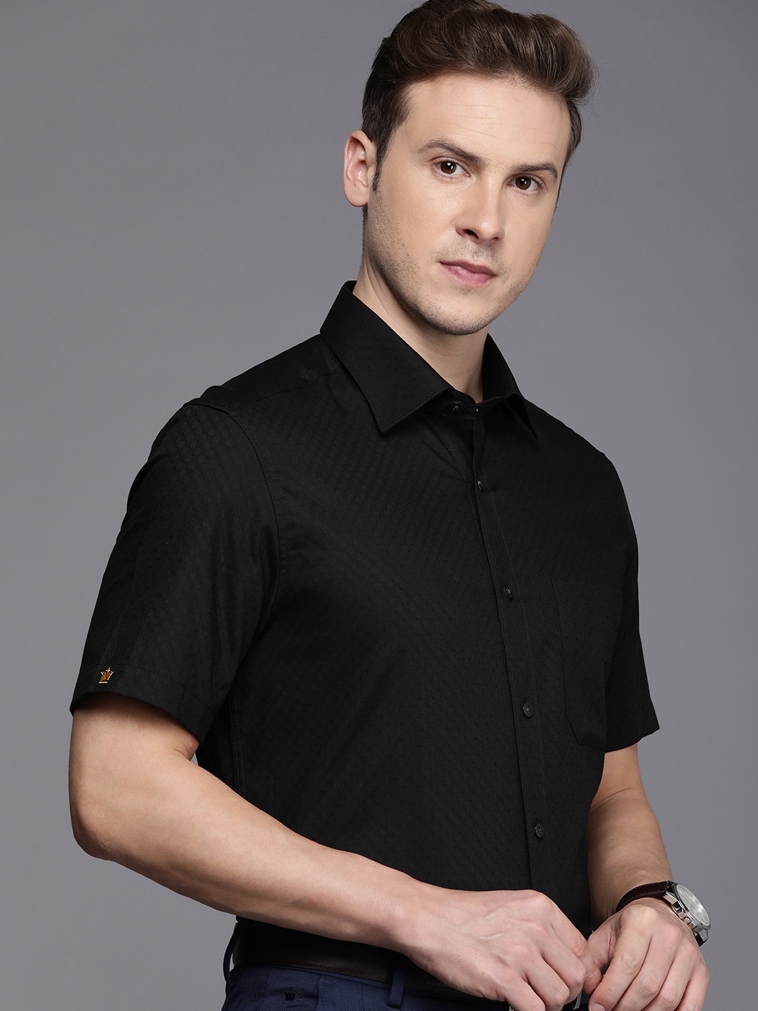 

Louis Philippe Men Classic Self Design Pure Cotton Formal Shirt, Black