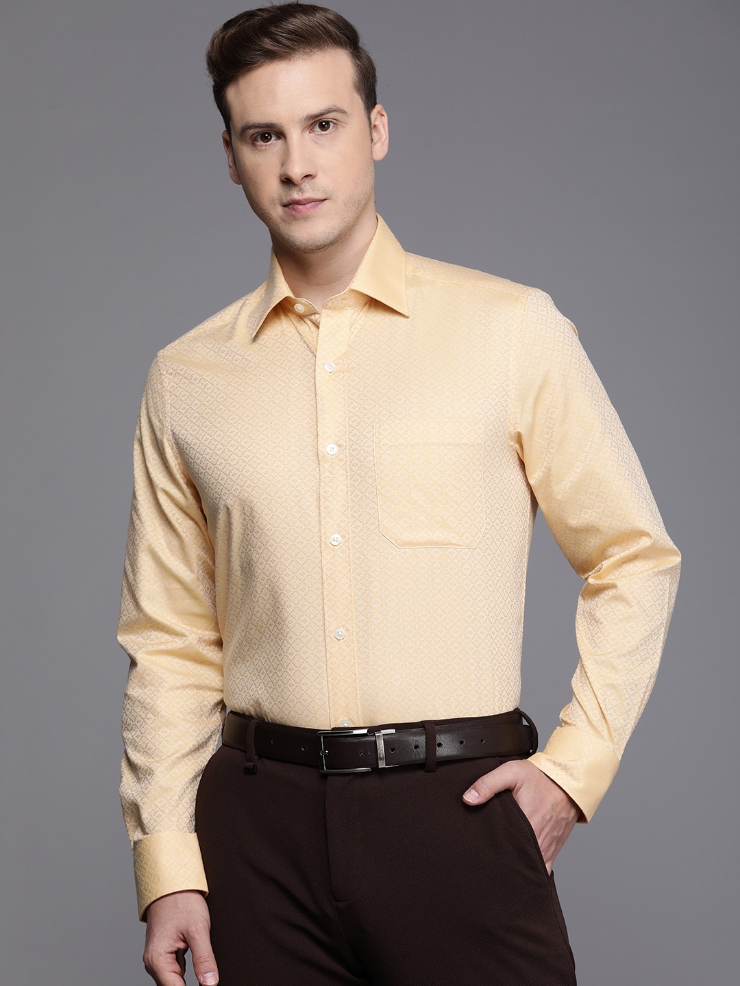 

Louis Philippe Men Classic Self Design Pure Cotton Formal Shirt, Yellow