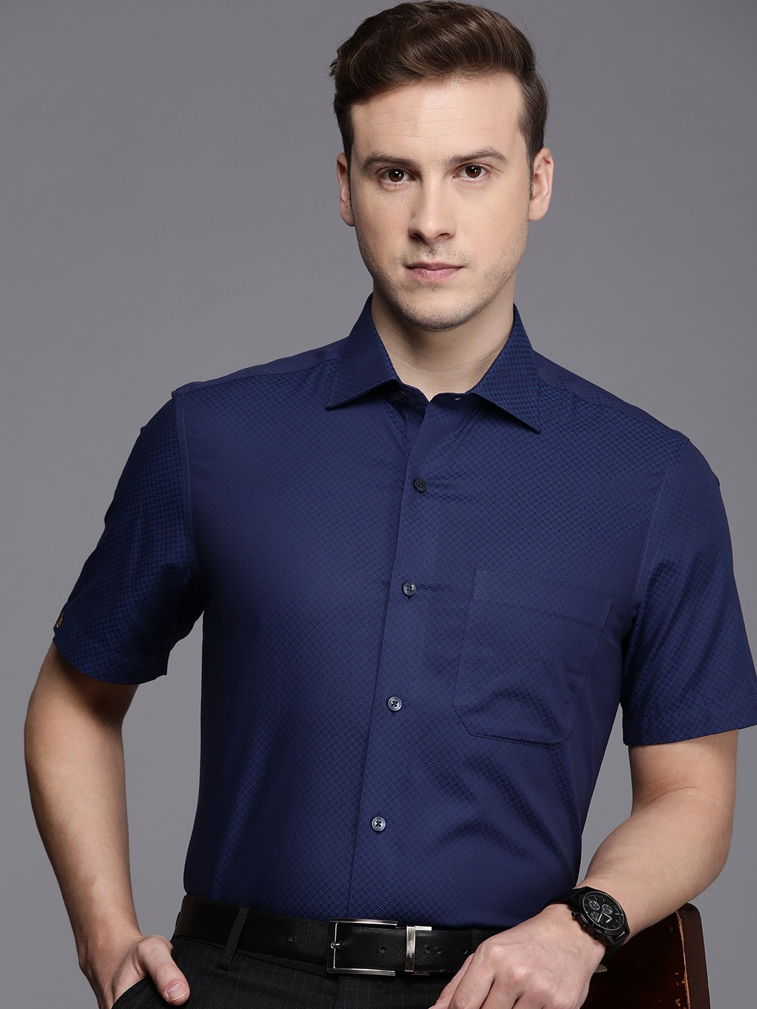 

Louis Philippe Men Classic Self Design Pure Cotton Formal Shirt, Navy blue
