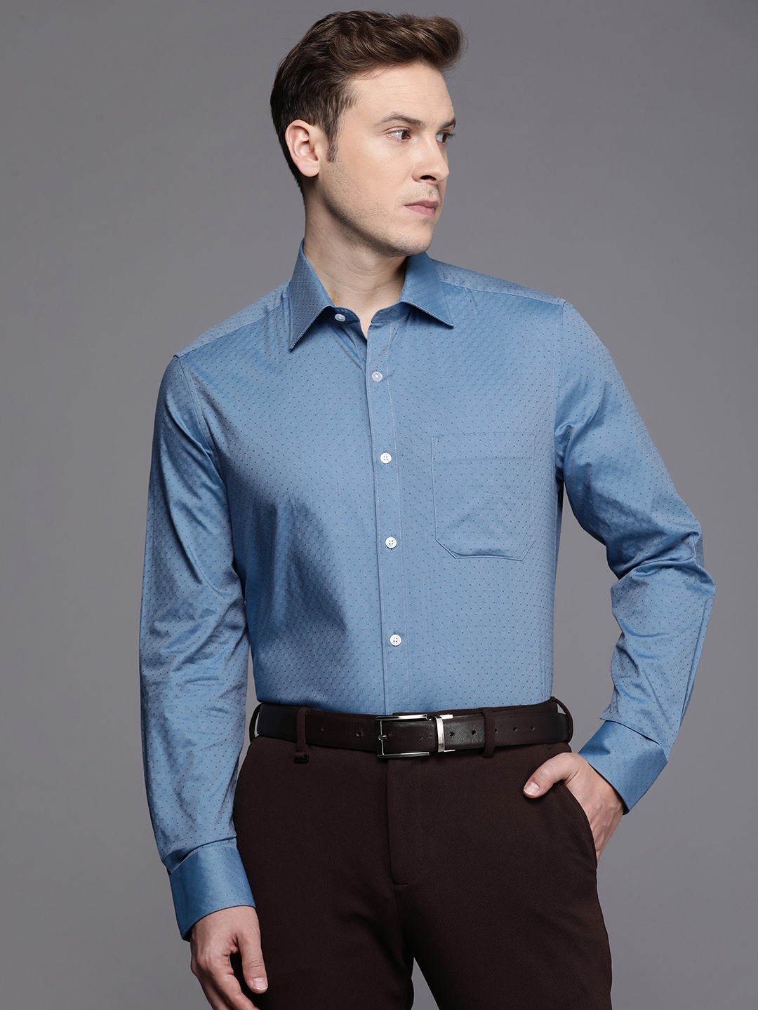

Louis Philippe Men Classic Self Design Pure Cotton Formal Shirt, Blue