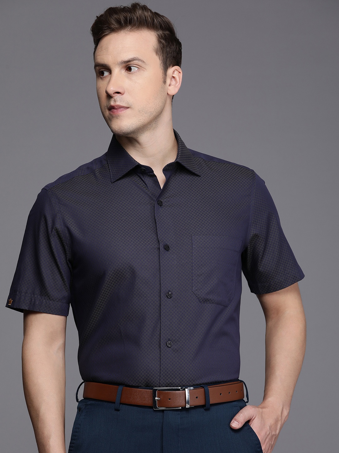 

Louis Philippe Men Self Design Pure Cotton Classic Shirt, Olive