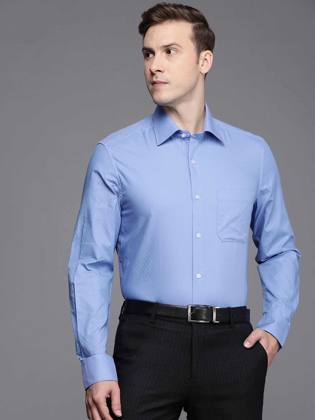 

Louis Philippe Men Classic Self Design Pure Cotton Formal Shirt, Blue