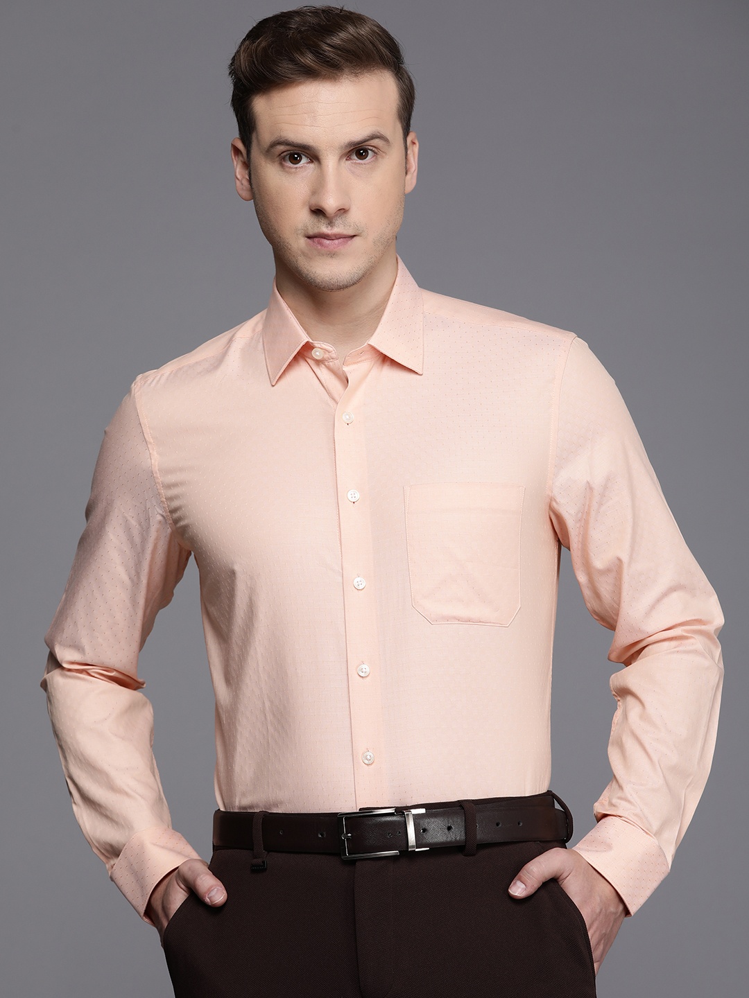 

Louis Philippe Men Slim Fit Self Design Pure Cotton Formal Shirt, Peach