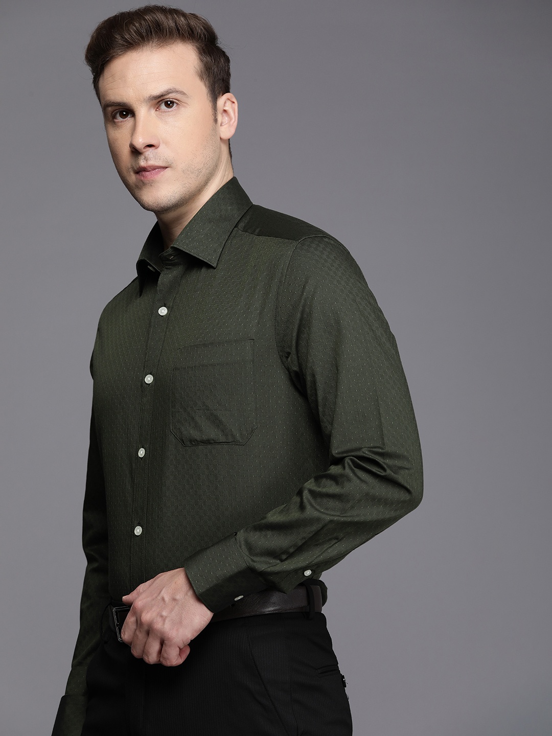 

Louis Philippe Men Classic Self Design Pure Cotton Formal Shirt, Olive